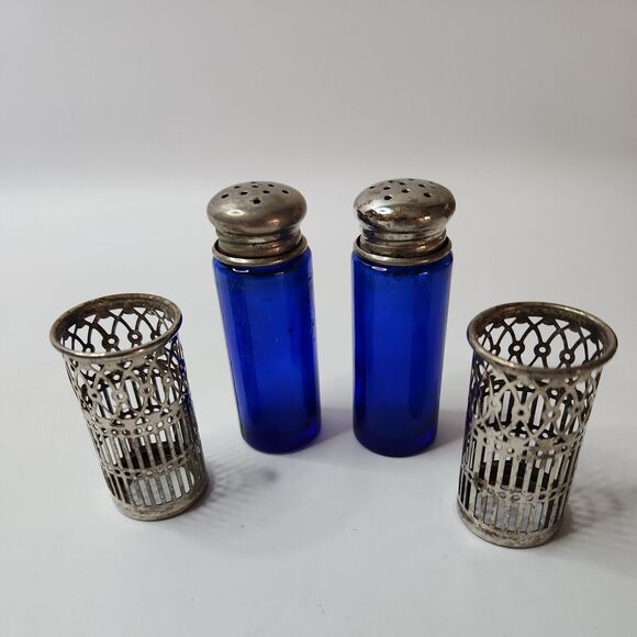 Vintage Cobalt Blue Salt & Pepper Shakers, Silver Plate Filigree Leonard,  Japan - Picture 3 of 6